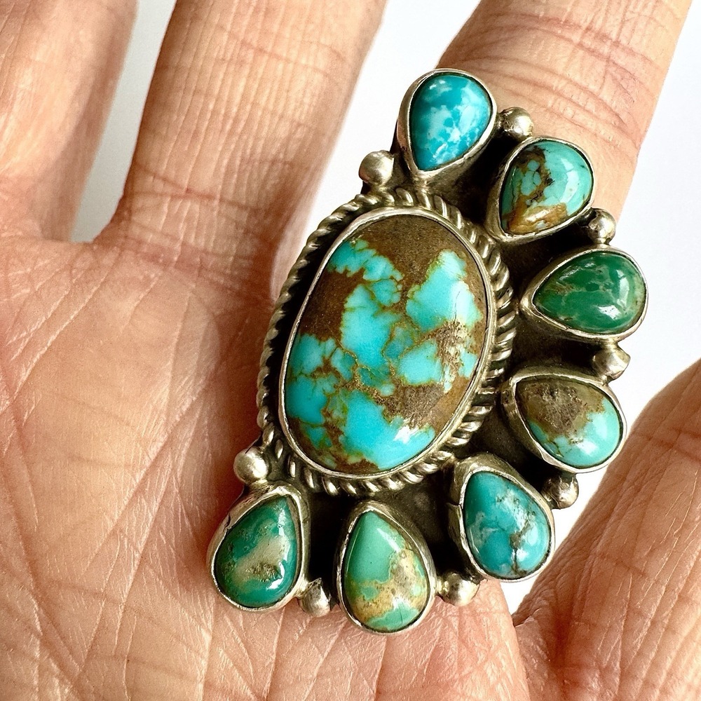 Navajo Turquoise Ring Half Cluster Sz7 Adj Sterling Signed G James‎ Native Amer